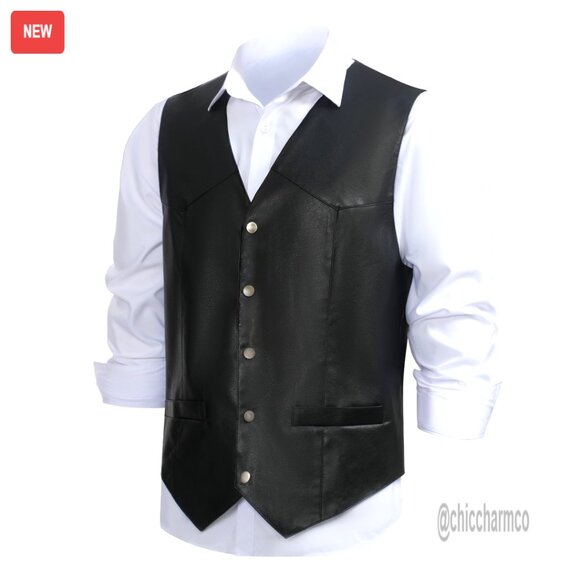 Men's Western Cowboy Vest Vintage Slim Faux Leather Casual Bolo Tie